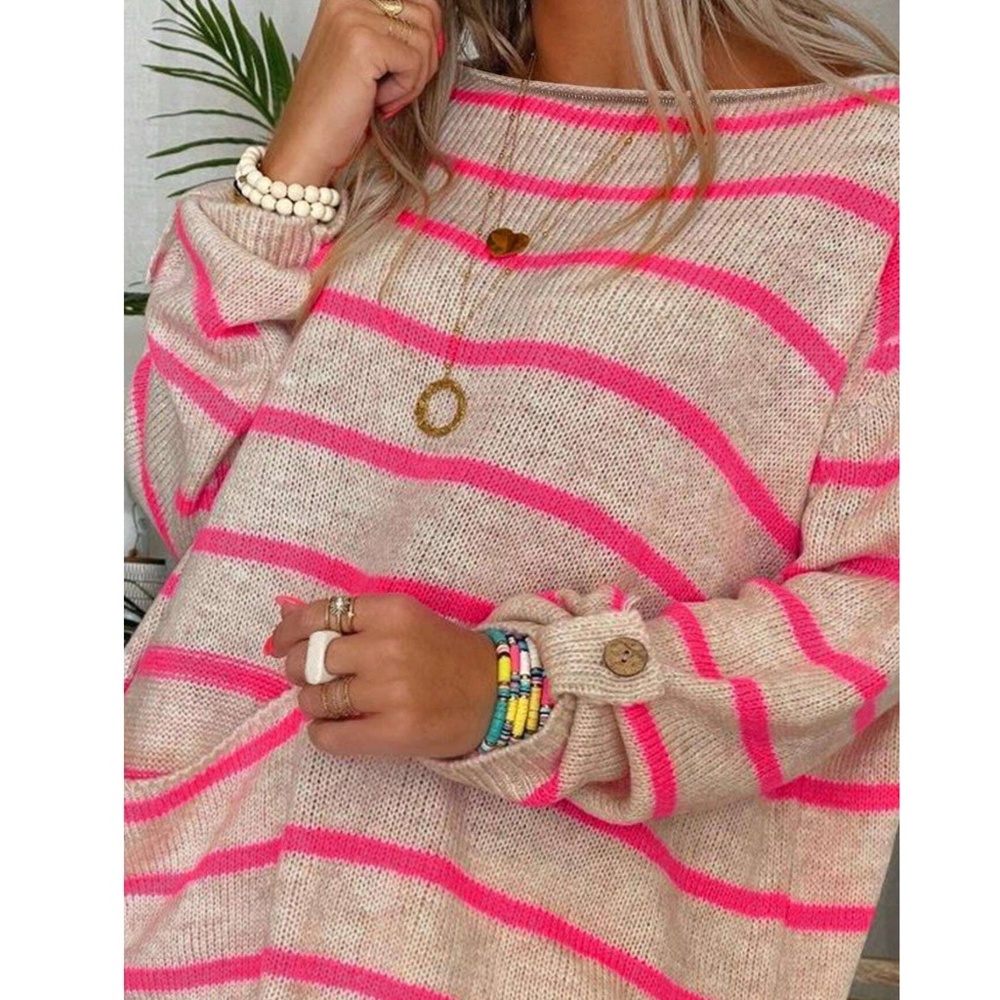 Cozy Striped Pocket Loose Fit Sweater Top - Picture 3 of 5